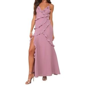 LULUS Ruffle Slit Maxi Dress Polyester Spaghetti‎ Strap Back Tie Lilac Size L
